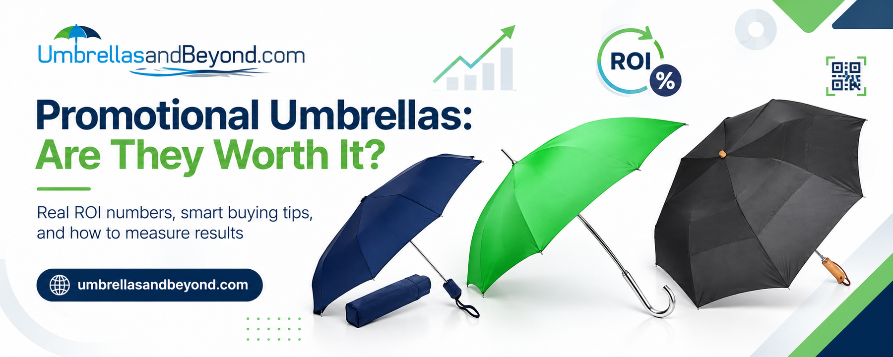 Promotional umbrellas with ROI graphics and branding from umbrellasandbeyond.com, featuring three umbrella styles.