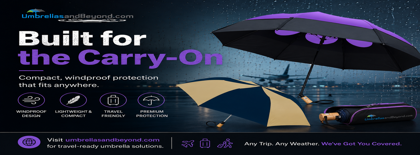 Travel and portable umbrella options displayed in a rain-soaked airport setting, featuring compact windproof umbrellas designed for carry-on travel and everyday weather protection.
