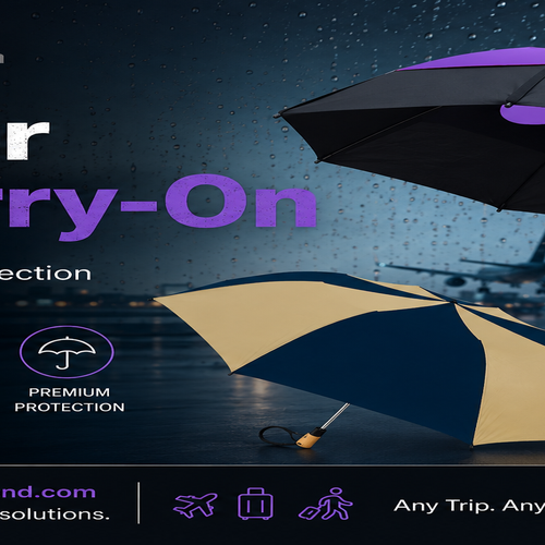 Travel and portable umbrella options displayed in a rain-soaked airport setting, featuring compact windproof umbrellas designed for carry-on travel and everyday weather protection.